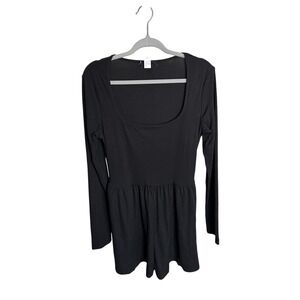 Ribbed Knit Romper‎ Long Sleeve Square Neck Casual Comfy Black